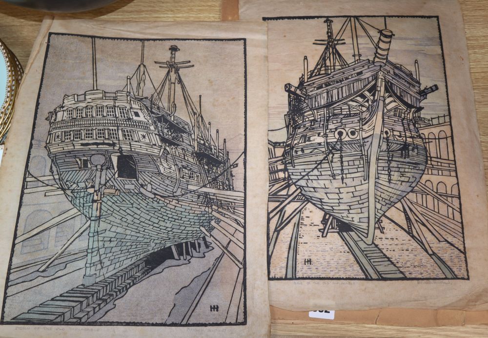 Two woodblock prints by Heinrick Hulland, Stern of the Old Implacable and Bowels of the Old Implacable, signed in pencil, 44 x 33cm, un
